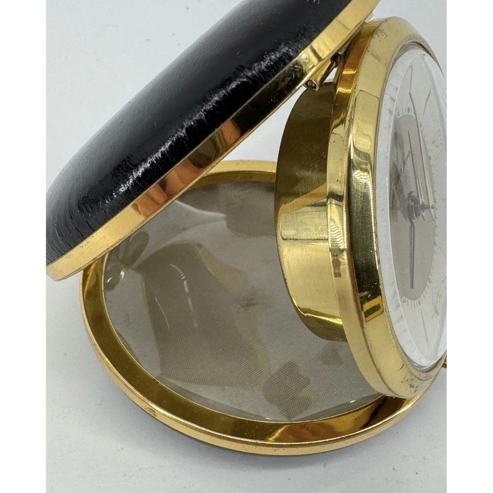 Vintage German Seth Thomas Travel Clock Gold Black Small Works!!